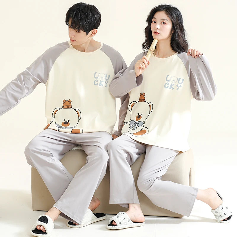 Korean Men Pijamas Set Cotton Women Pajamas Set Autumn Sleepwear Casual Loungewear hombre Mujer Home Clothing Pyjamas Suit