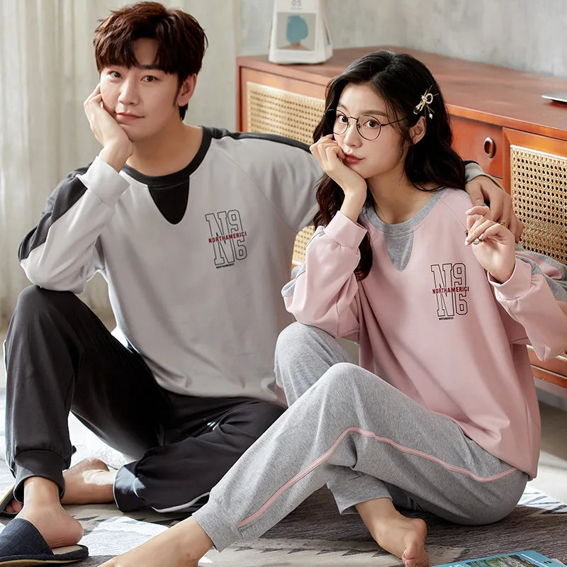 Korean Men Pijamas Set Cotton Women Pajamas Set Autumn Sleepwear Casual Loungewear hombre Mujer Home Clothing Pyjamas Suit