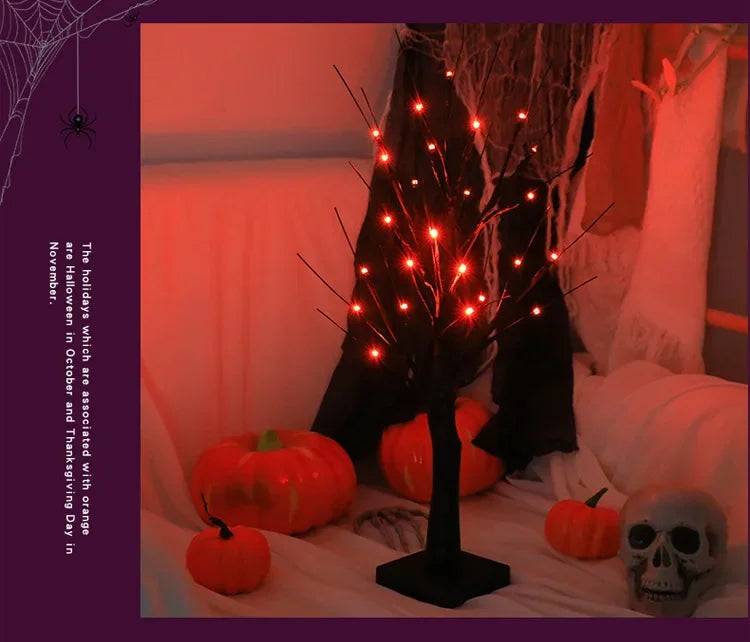 Halloween Decorations Gift Battery Operate 24 LED Lighted Halloween Tree Purple Led Black Glitter Lamp Desk Flower Lamp