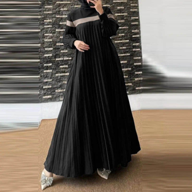 CH.KOUROSH Autumn Women Muslim Dress Turkey Abaya Elegant Long Lantern Sleeve Patchwork Sundress Pleated Vestidos Islamic Dubai Robe