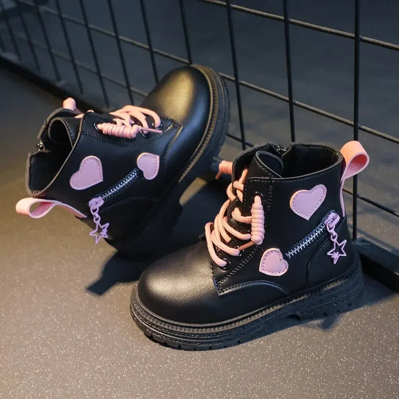 CH.KOUROSH Girls Ankle Boots Fashion Princess PU Leather Rubber Outsole Children's Short Boots Autumn Winter Zipper Pink with Love Heart