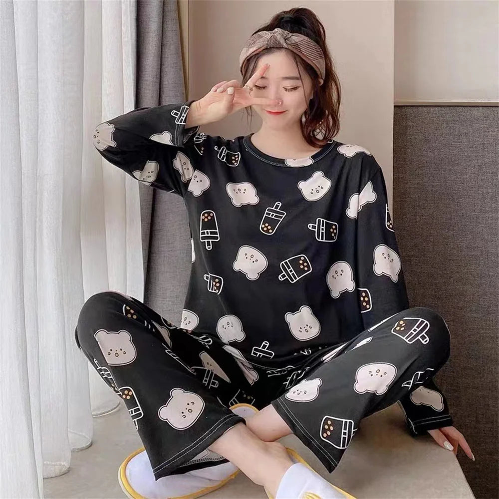 Cute Cartoon Casual Home Clothes New Fashion Women's Sleepwear Suit Long Sleeve Girls Homewear Sets Comfortable Female Pajamas