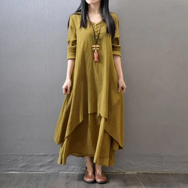 CH.KOUROSH  Spring Autumn New Two-piece Illusion Long Dress Artistic Wide Hemming Hemp Dress Loose Fit Long Sleeve Cotton Hemp Skirt