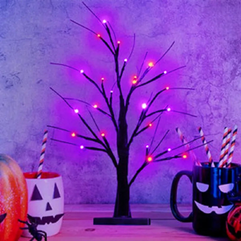 1pc 24LEDS Orange And Purple Halloween Birch Tree Night Light Battery Operated Table Lamp Indoor Home Party Halloween Decor