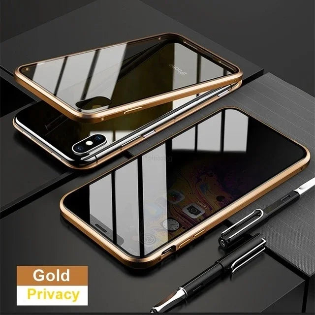 Magnetic Tempered Glass Privacy Metal Case For iphone 15 14 13 12 XR 11 Pro MAX X 7 8 6 Plus 360 Magnet Antispy Protective Cover