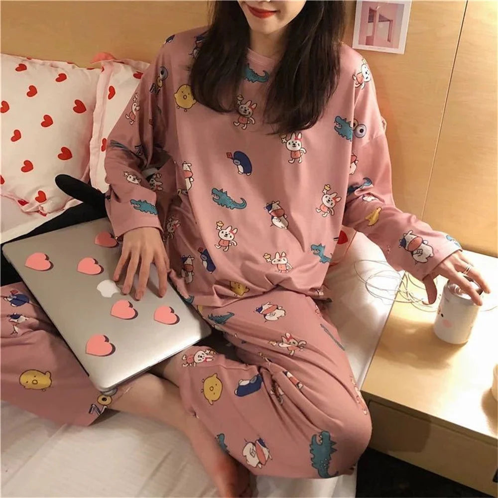 Cute Cartoon Casual Home Clothes New Fashion Women's Sleepwear Suit Long Sleeve Girls Homewear Sets Comfortable Female Pajamas