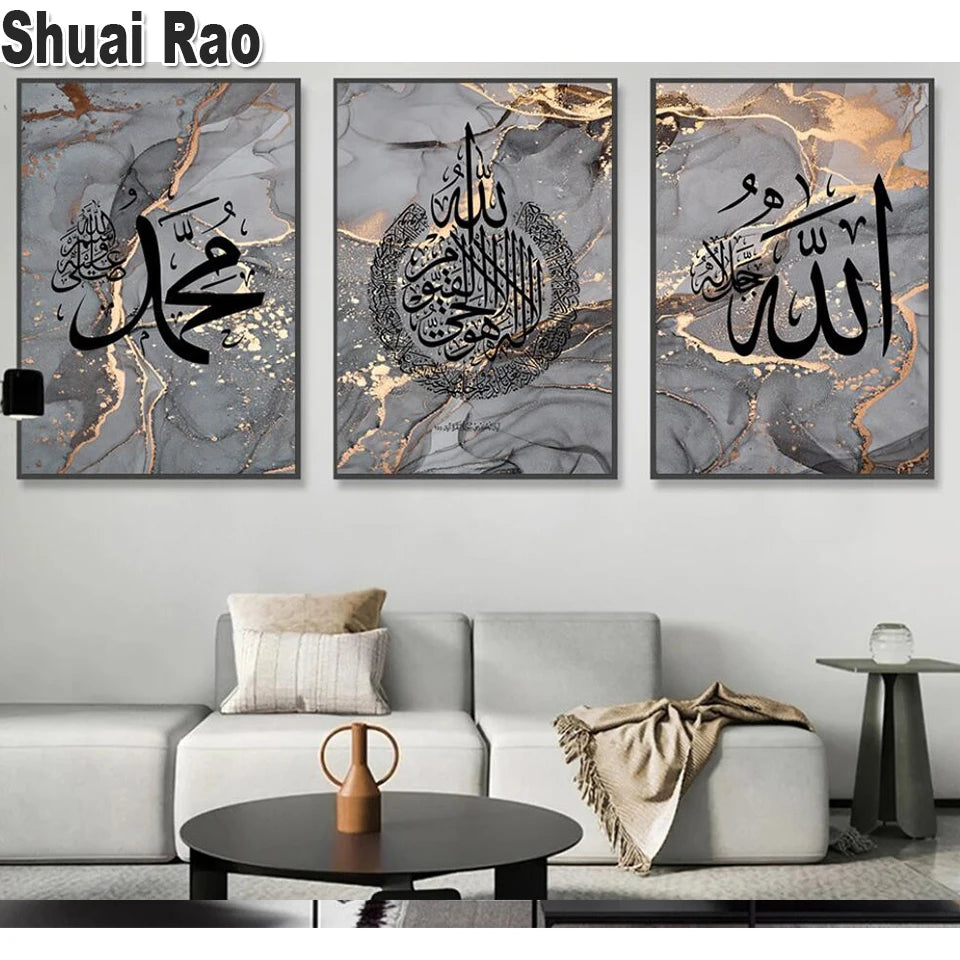 CH.KOUROSH- 3 Piece Islamic Quran Calligraphy 5D Diamond Painting Abstract Art Gold Foil Picture Cross Stitch Embroidery Muslim Religion Art