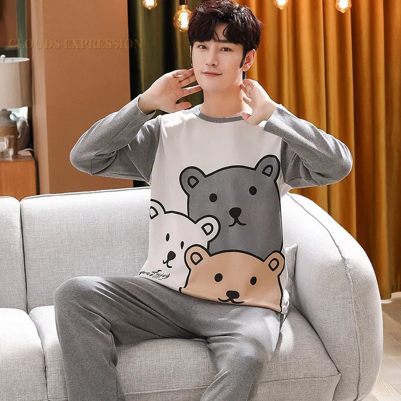 Spring Autumn Knitted Cotton Cartoon Men's Pyjamas Plaid Pajamas Set Casual Male Sleepwear Pyjamas Night Pijamas 4XL Homewear