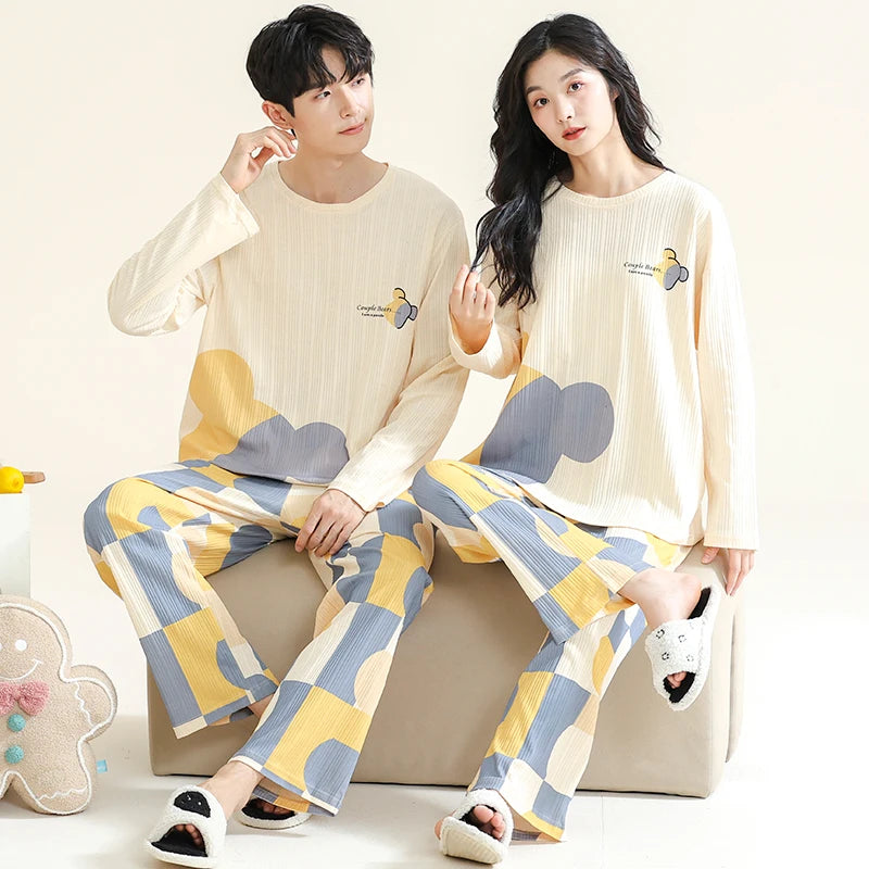 Korean Men Pijamas Set Cotton Women Pajamas Set Autumn Sleepwear Casual Loungewear hombre Mujer Home Clothing Pyjamas Suit