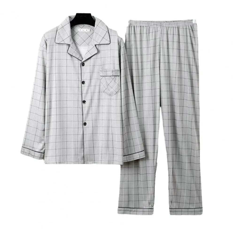 Men Pajama Set Cozy Polyester Pajamas Stylish Men's Fall Winter Pajama Set Striped Plaid Print Color Matching Lapel