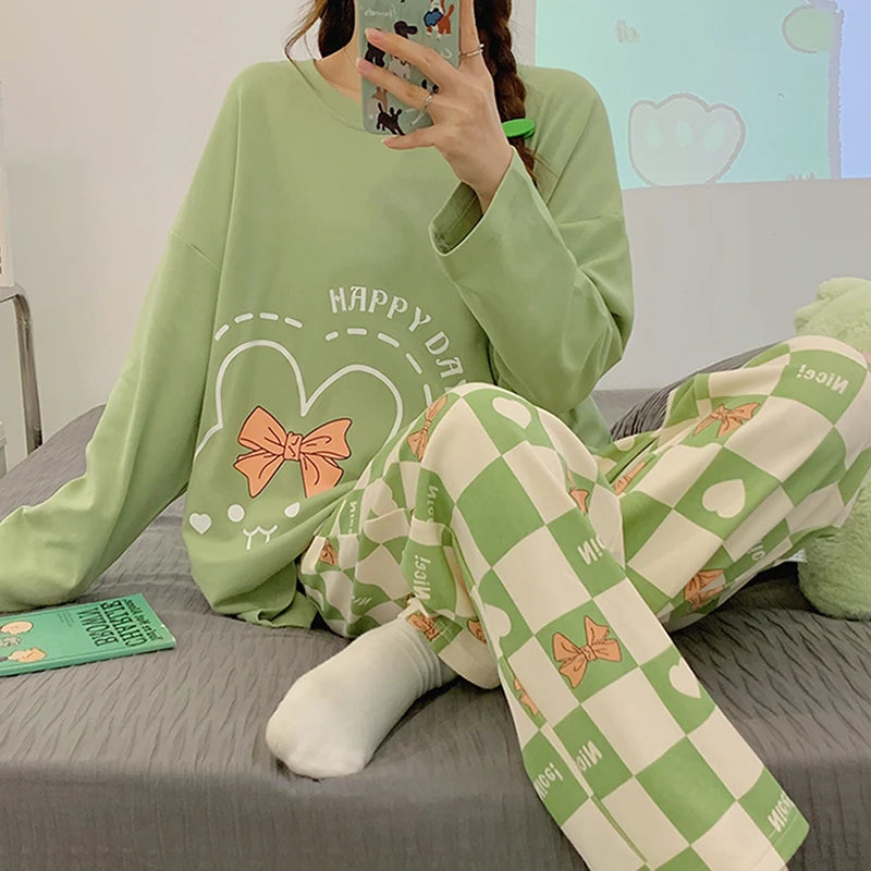 Green Women Pajamas Set Cute Kawaii Long Sleeves Long Pants Autumn Winter Soft Sleepwear Cozy Pyjamas Girl Pijamas Ladies Nighty