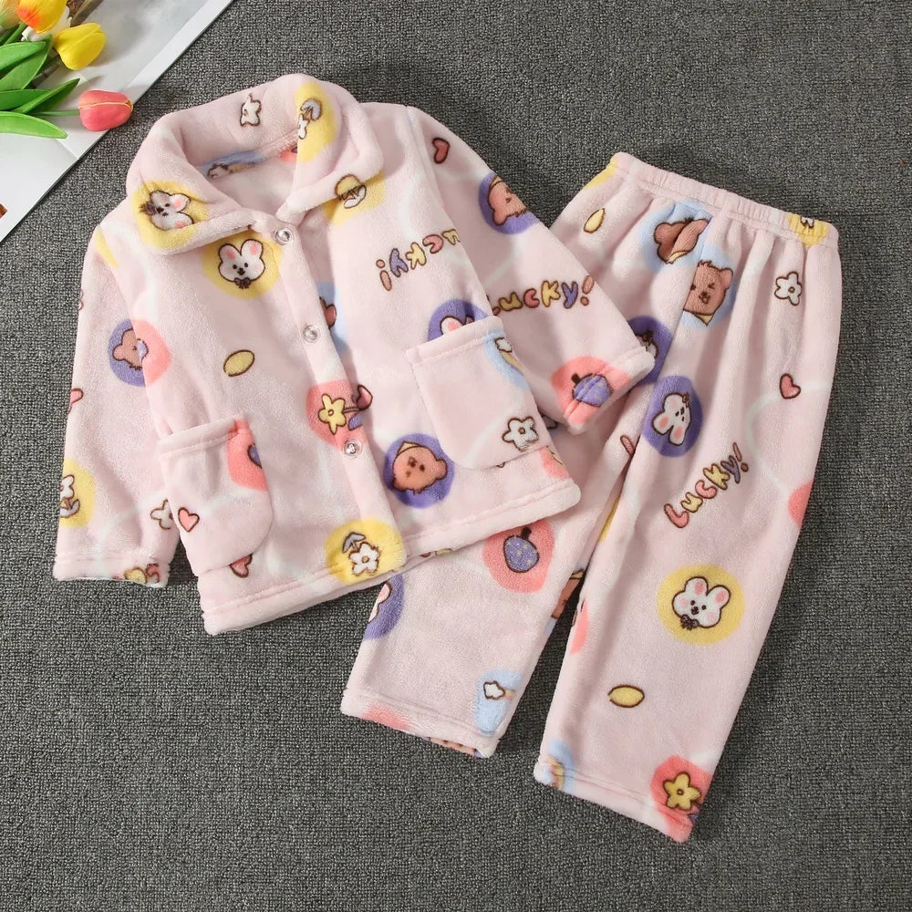 New Kids Boys Girls Autumn Winter Soft Flannel Pajamas Sets Cartoon Long Sleeve Lapel Tops with Pants Pyjamas Sleepwear Clothing