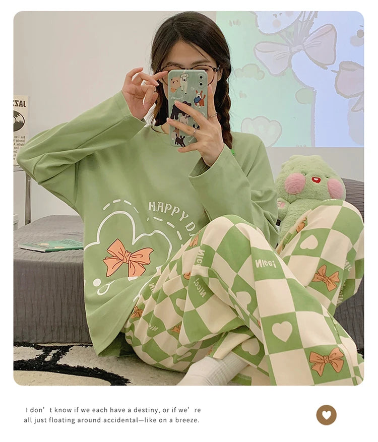 Green Women Pajamas Set Cute Kawaii Long Sleeves Long Pants Autumn Winter Soft Sleepwear Cozy Pyjamas Girl Pijamas Ladies Nighty