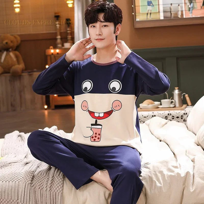 Spring Autumn Knitted Cotton Cartoon Men's Pyjamas Plaid Pajamas Set Casual Male Sleepwear Pyjamas Night Pijamas 4XL Homewear