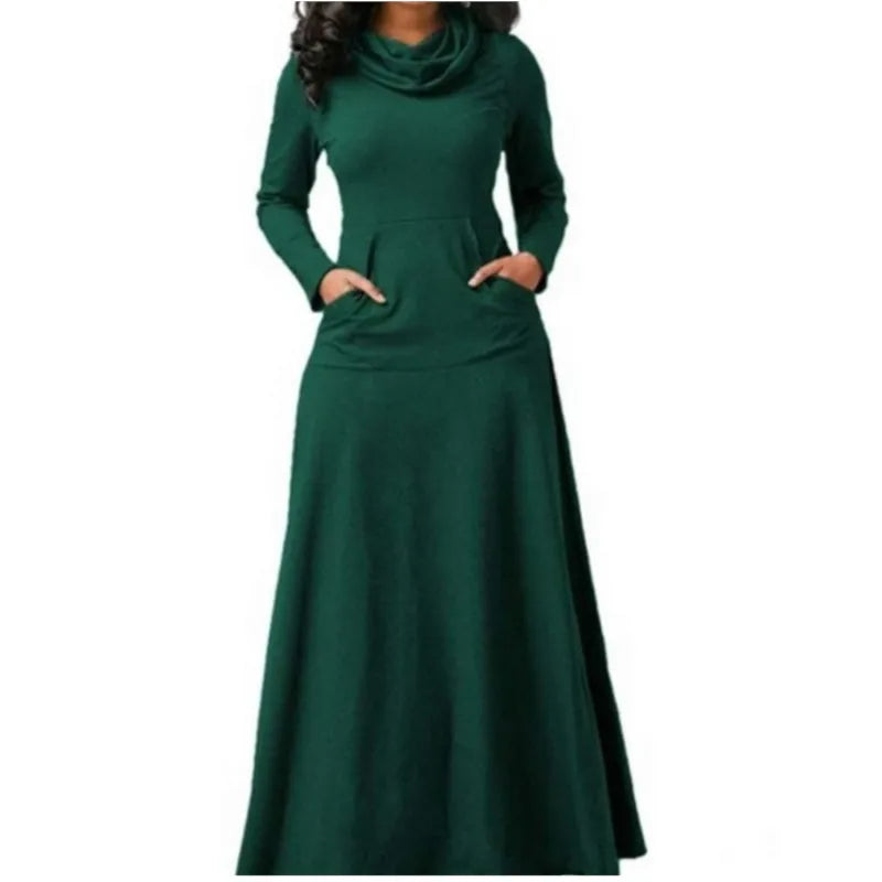 CH.KOUROSH Autumn Winter Solid Color Splicing Pocket Neck Large Pendant Long Dress 2024 Casual Women's High Waist Long Sleeve Maxi Dresses