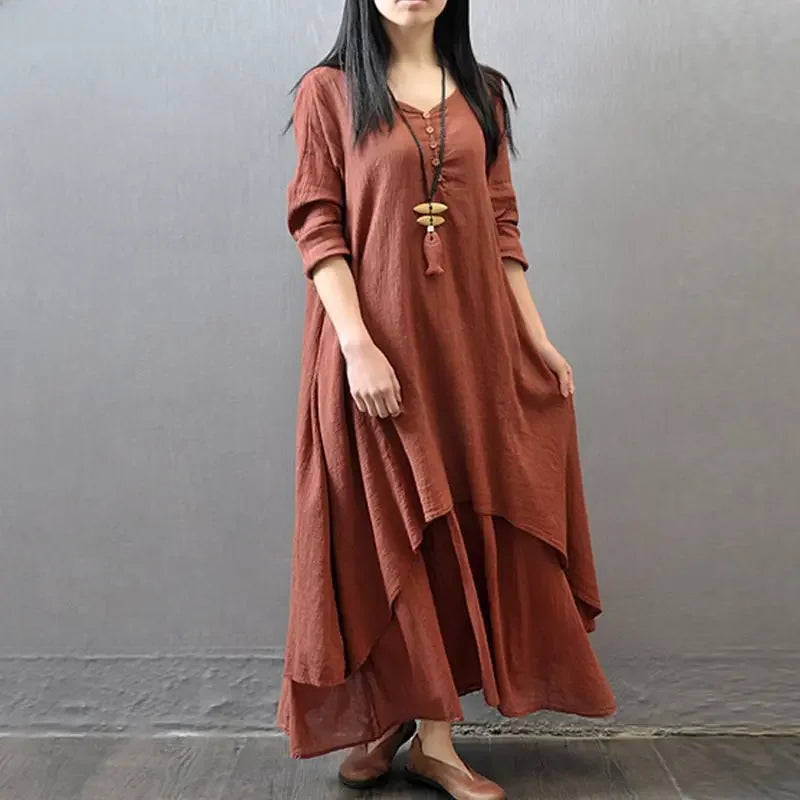 CH.KOUROSH  Spring Autumn New Two-piece Illusion Long Dress Artistic Wide Hemming Hemp Dress Loose Fit Long Sleeve Cotton Hemp Skirt