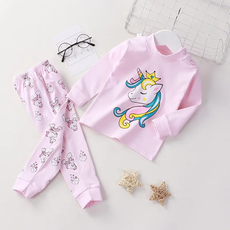 New Kids Boys Girls Pajama Sets Cartoon Print Long Sleeve Cute T-Shirt Tops with Pants Toddler Baby Sleeping Clothing Sets