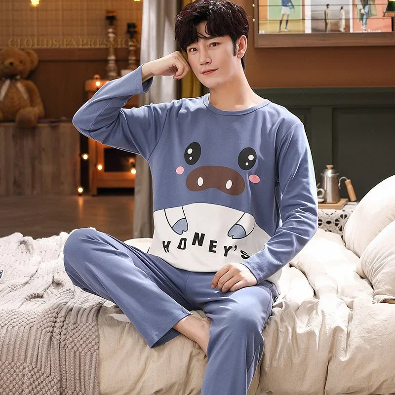 Spring Autumn Knitted Cotton Cartoon Men's Pyjamas Plaid Pajamas Set Casual Male Sleepwear Pyjamas Night Pijamas 4XL Homewear