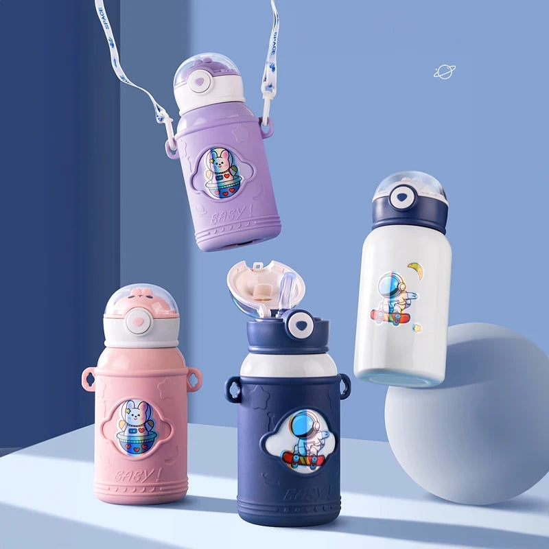 Children' Cartoon Straw Water Thermos  SeBottle Portablealed LeakProof Keep Warm Mug Stainless Steel Kids' Outdoor Thermal Cups