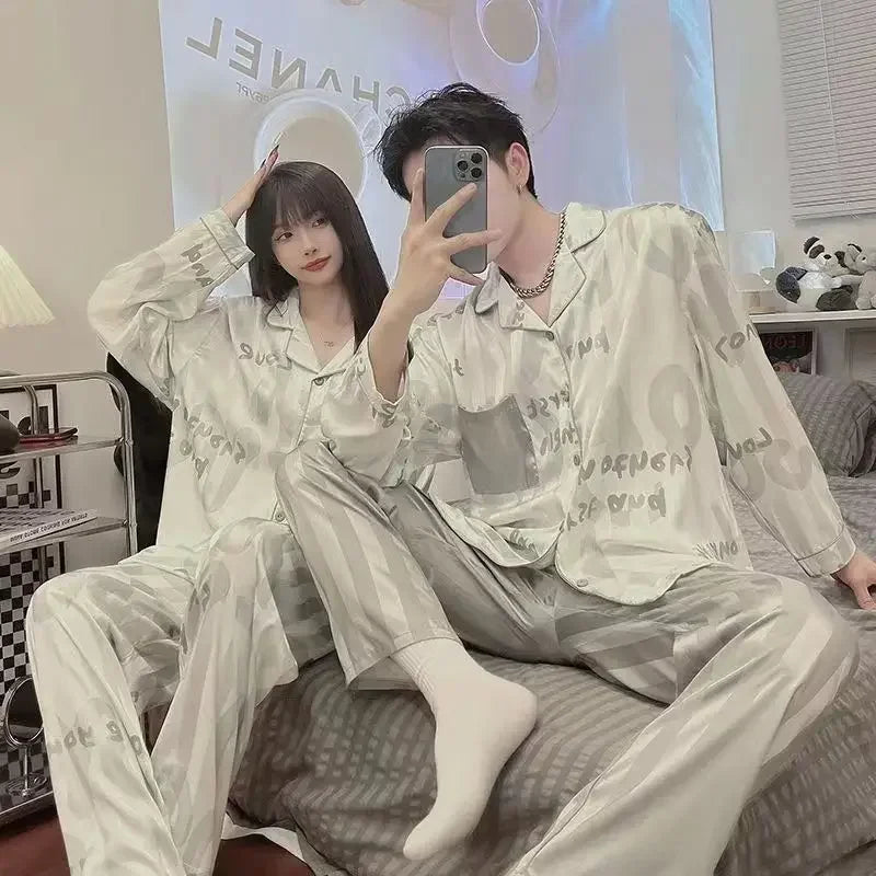 New Couple Pajamas Women Spring Autumn Ice Silk Large Size Sleepwear Long Sleeved Thin Style Summer Men's V-neck Homewear