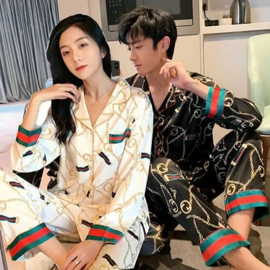 New Couple Pajamas Women Spring Autumn Ice Silk Large Size Sleepwear Long Sleeved Thin Style Summer Men's V-neck Homewear