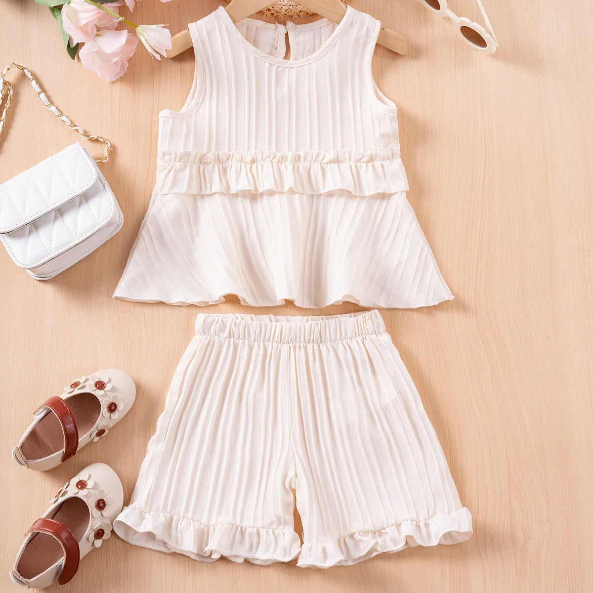 CH.KOUROSH- Baby Girl Summer Cute Set Solid Colour Sleeveless Top + Ruffle Shorts 2pcs Fashion Casual Sweet Comfortable Hot Sale