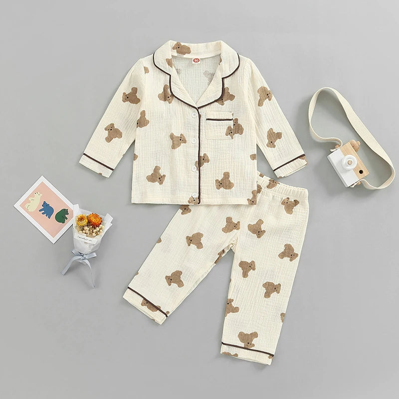 Kids Pajamas Set Children Boys Girl Lapel Collar Single Breasted Long Sleeve Shirts Tops and Pants Spring Autumn Sleep Clothes