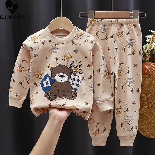 2023 New Kids Boys Girls Pajama Sets Cartoon Print Long Sleeve Cute T-Shirt Tops with Pants Toddler Baby Autumn Sleeping Clothes