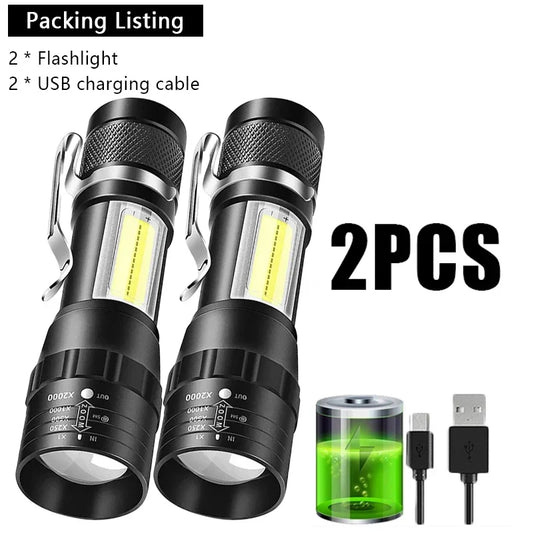 USB Rechargeable Mini Flashlight COB+XPE Portable Built-in Battery Zoomable Small Torch 3 Mode Camping Emergency Flashlights