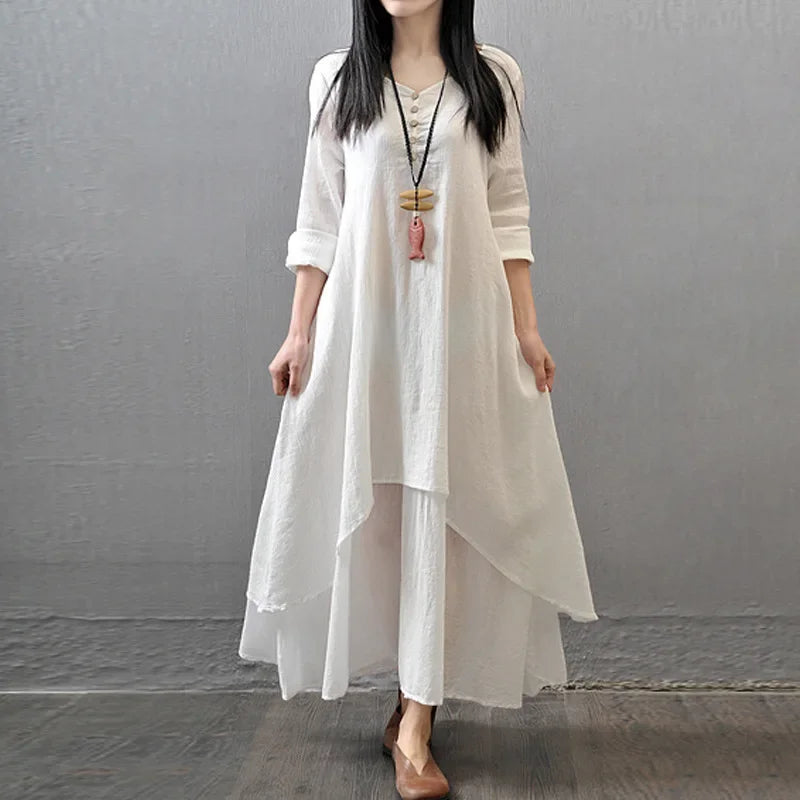 CH.KOUROSH  Spring Autumn New Two-piece Illusion Long Dress Artistic Wide Hemming Hemp Dress Loose Fit Long Sleeve Cotton Hemp Skirt