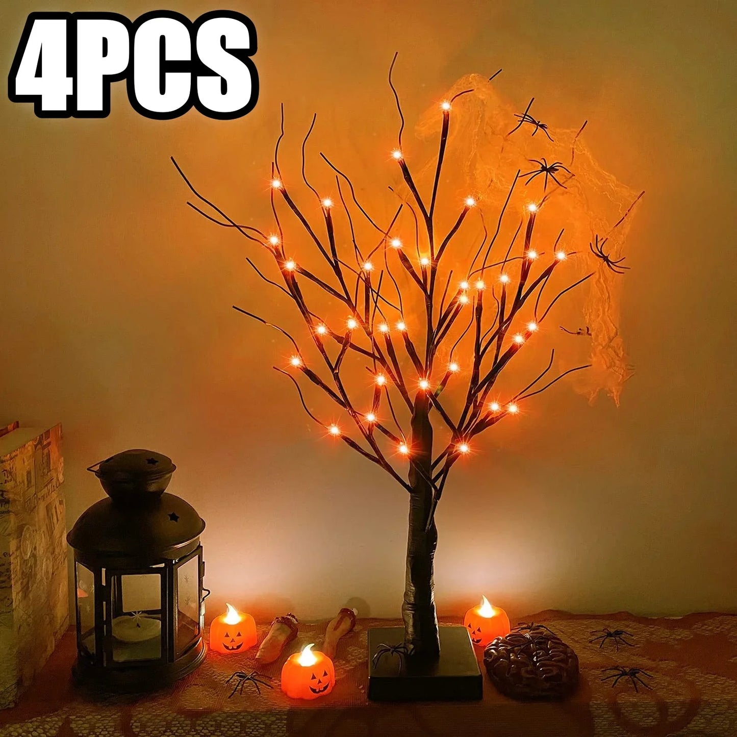 Halloween Decorations Gift Battery Operate 24 LED Lighted Halloween Tree Purple Led Black Glitter Lamp Desk Flower Lamp