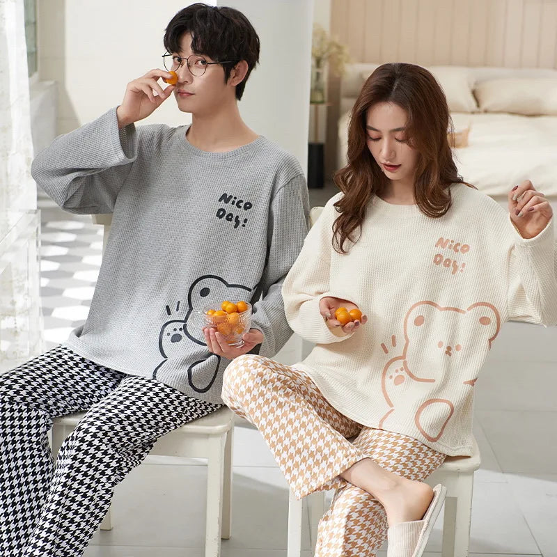 Korean Men Pijamas Set Cotton Women Pajamas Set Autumn Sleepwear Casual Loungewear hombre Mujer Home Clothing Pyjamas Suit