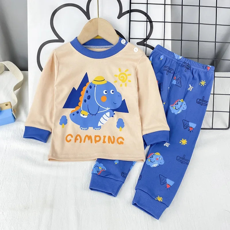 New Kids Boys Girls Pajama Sets Cartoon Print Long Sleeve Cute T-Shirt Tops with Pants Toddler Baby Sleeping Clothing Sets