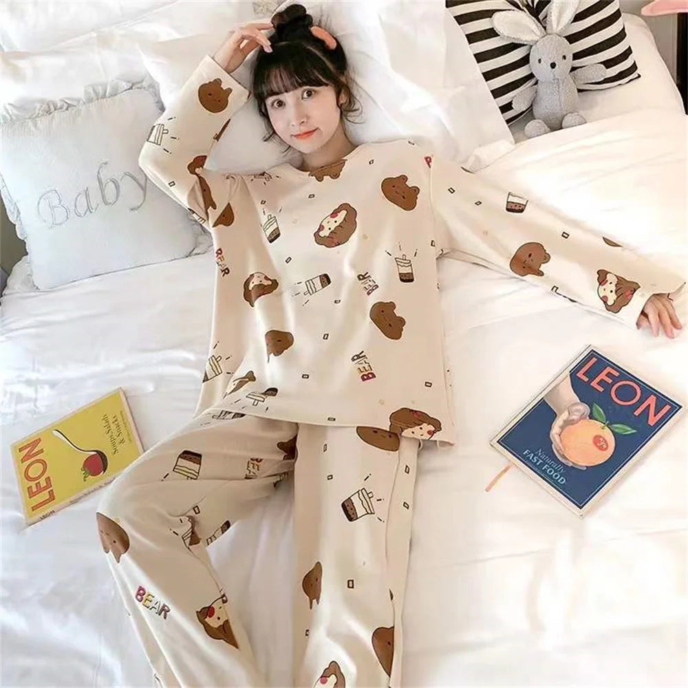 Cute Cartoon Casual Home Clothes New Fashion Women's Sleepwear Suit Long Sleeve Girls Homewear Sets Comfortable Female Pajamas