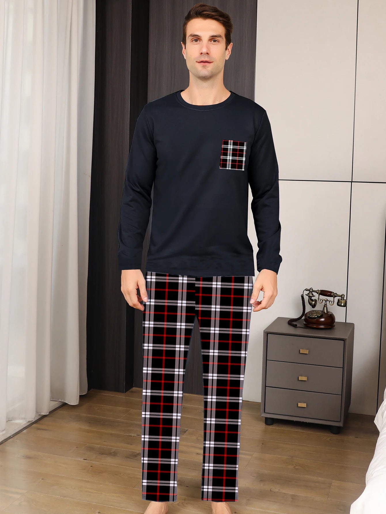 Two piece sets men's pajamas autumn and winter long sleeved pants checkered sleepwear set