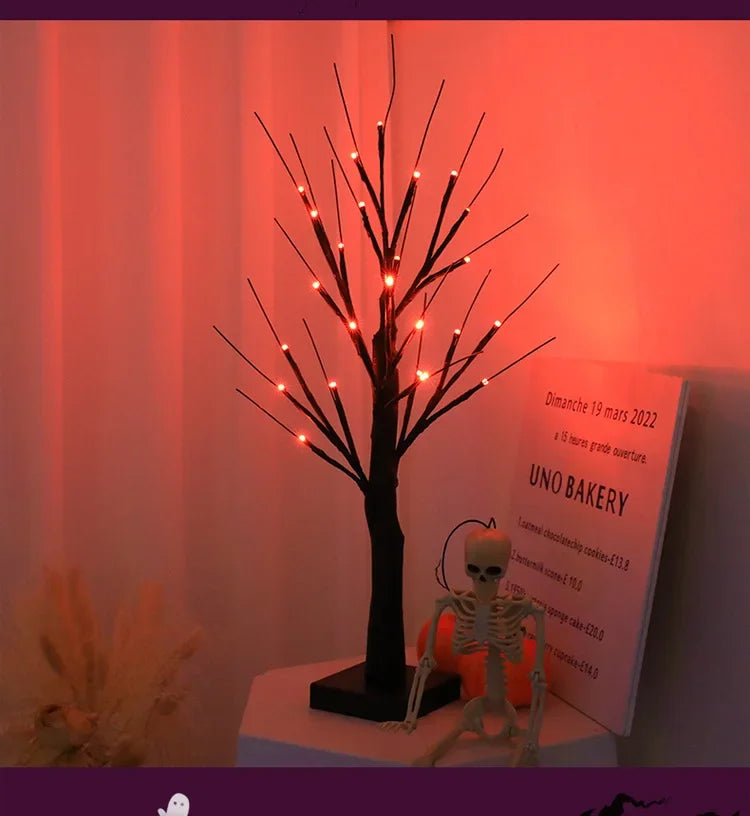 Halloween Decorations Gift Battery Operate 24 LED Lighted Halloween Tree Purple Led Black Glitter Lamp Desk Flower Lamp