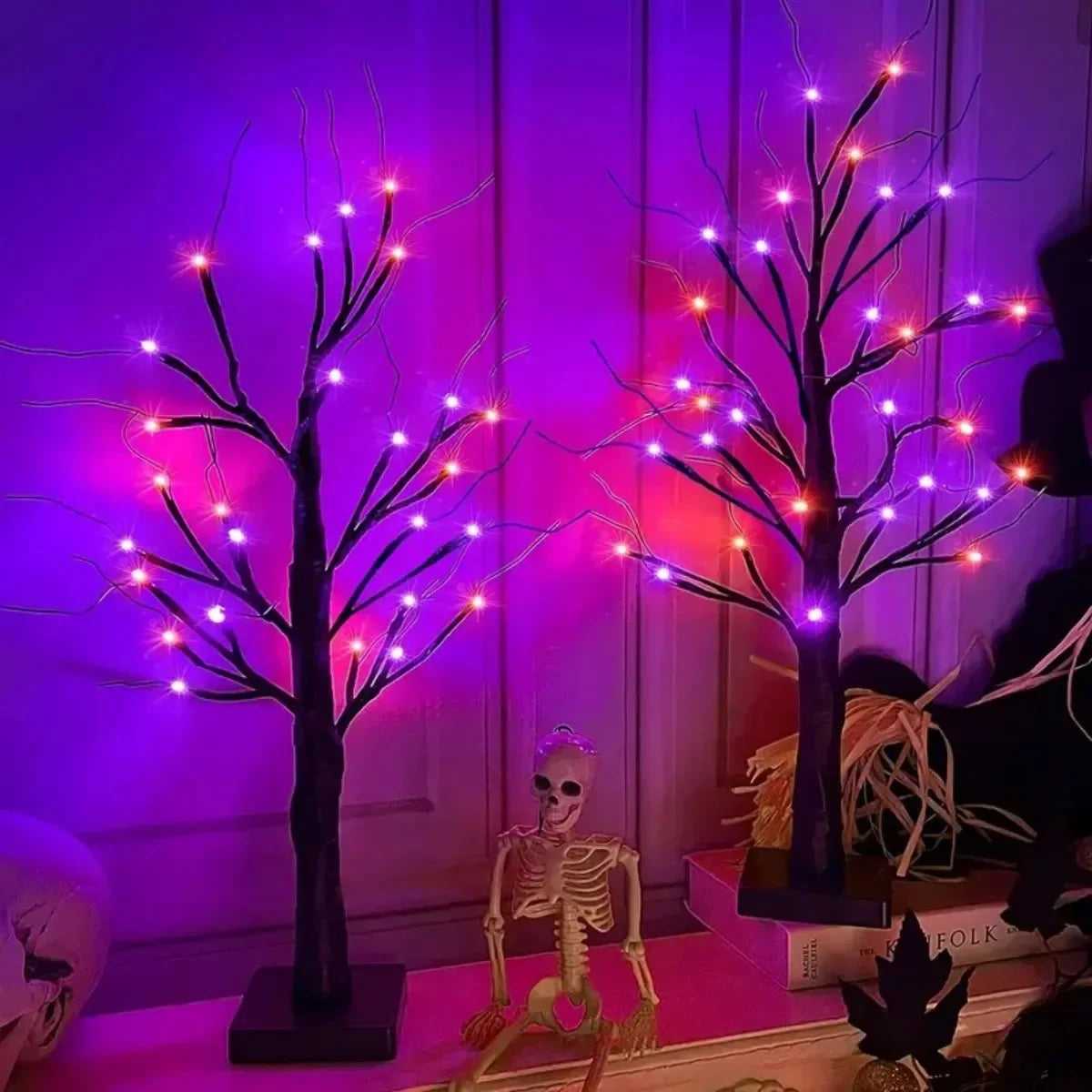 1pc 24LEDS Orange And Purple Halloween Birch Tree Night Light Battery Operated Table Lamp Indoor Home Party Halloween Decor