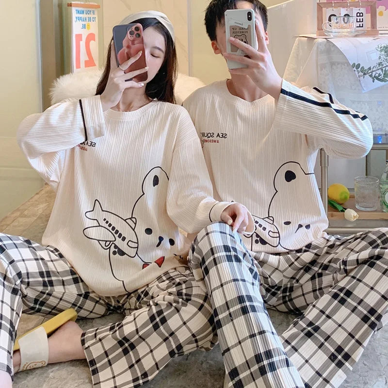 Korean Men Pijamas Set Cotton Women Pajamas Set Autumn Sleepwear Casual Loungewear hombre Mujer Home Clothing Pyjamas Suit