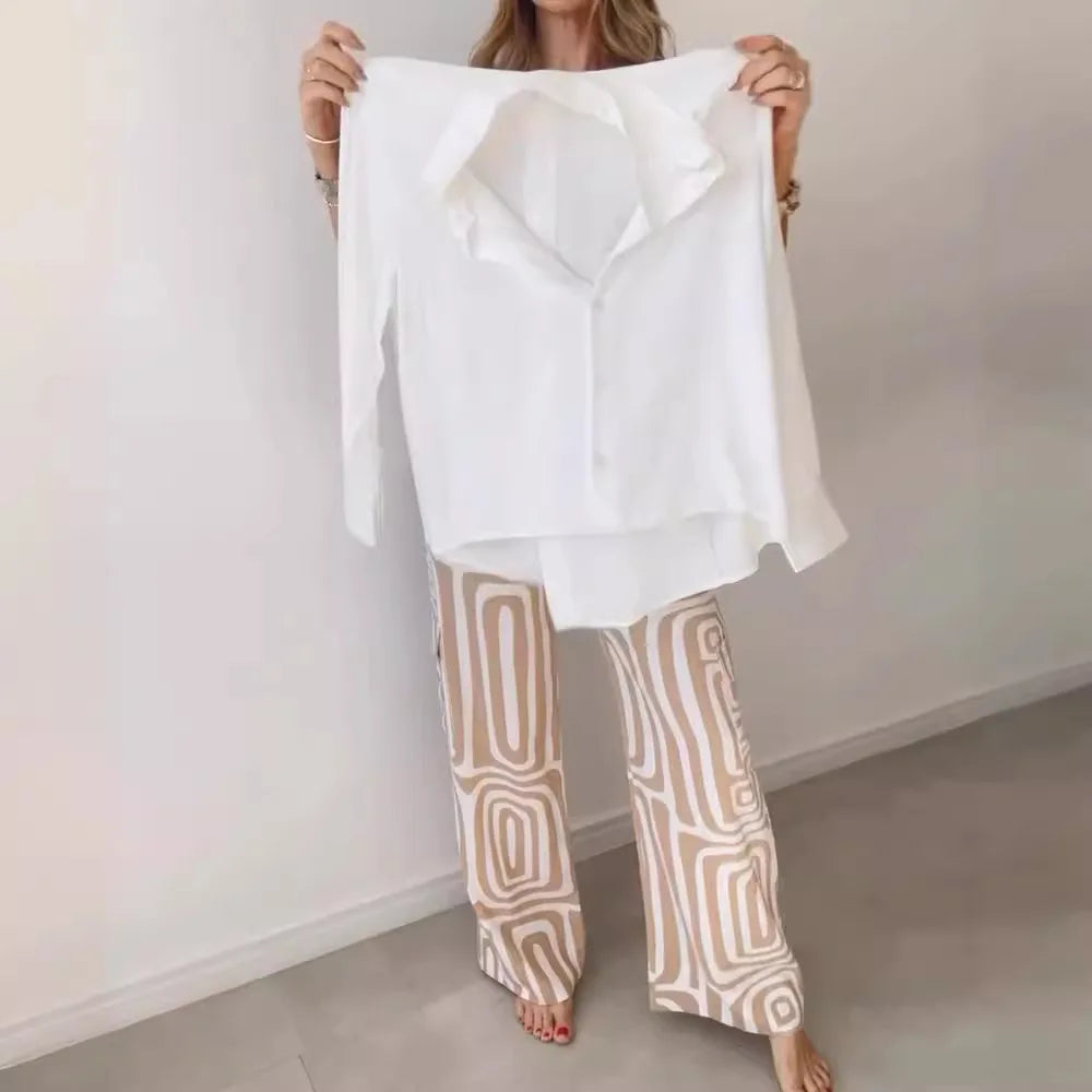 Leisure Women's Set 2024 Spring and Autumn New High end Sentiment Printed Temperament Shirt Loose Pants Two piece Set