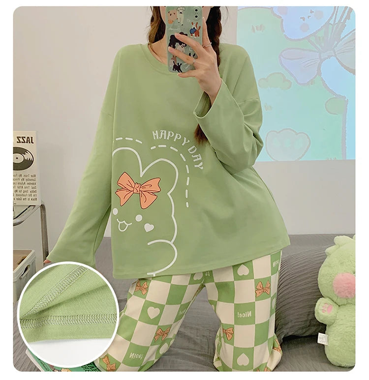 Green Women Pajamas Set Cute Kawaii Long Sleeves Long Pants Autumn Winter Soft Sleepwear Cozy Pyjamas Girl Pijamas Ladies Nighty