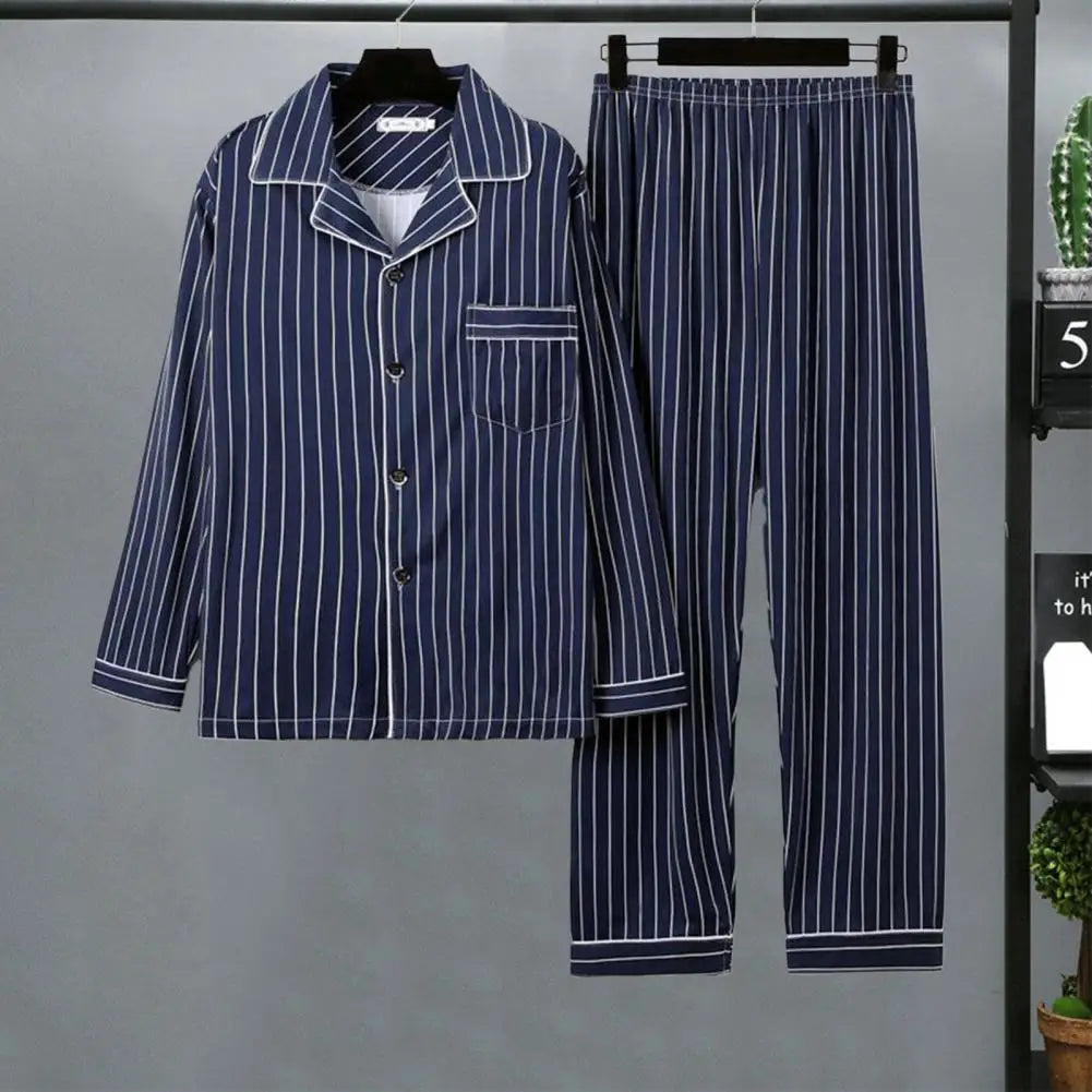 Men Pajama Set Cozy Polyester Pajamas Stylish Men's Fall Winter Pajama Set Striped Plaid Print Color Matching Lapel