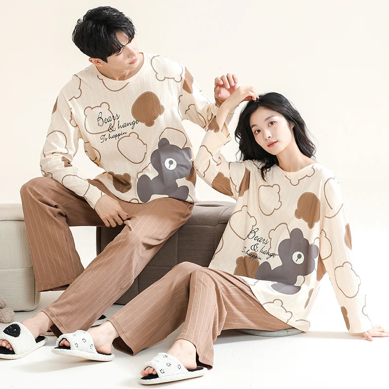 Korean Men Pijamas Set Cotton Women Pajamas Set Autumn Sleepwear Casual Loungewear hombre Mujer Home Clothing Pyjamas Suit