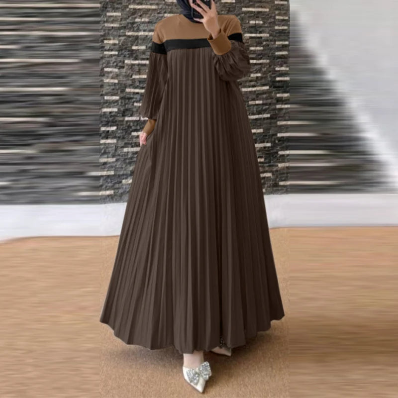 CH.KOUROSH Autumn Women Muslim Dress Turkey Abaya Elegant Long Lantern Sleeve Patchwork Sundress Pleated Vestidos Islamic Dubai Robe