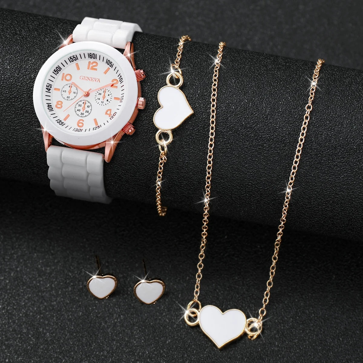 Luxury Women’s Jewelry Set with Watch, Necklace, Earrings & Ring - Gold Rhinestone Design