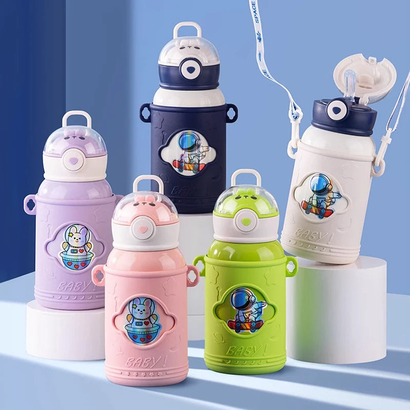 Children' Cartoon Straw Water Thermos  SeBottle Portablealed LeakProof Keep Warm Mug Stainless Steel Kids' Outdoor Thermal Cups