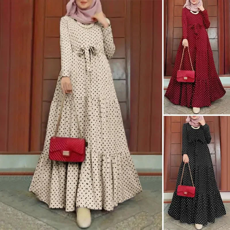 CH.KOUROSH New Moroccan Muslim Long Sleeve Round Dot Dress Fashionable Belt Sun Dress Party Long Vest In Stock