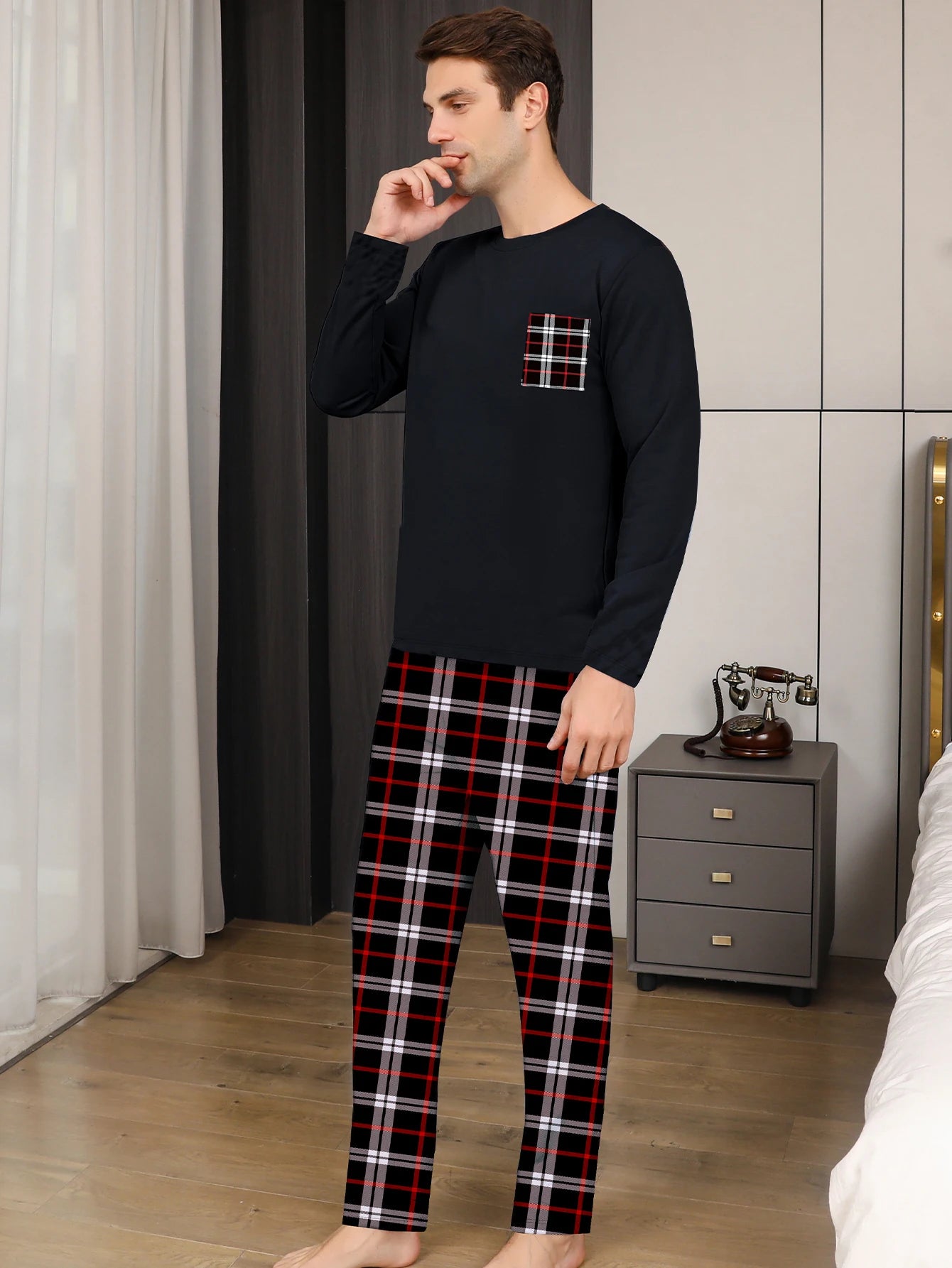 Two piece sets men's pajamas autumn and winter long sleeved pants checkered sleepwear set