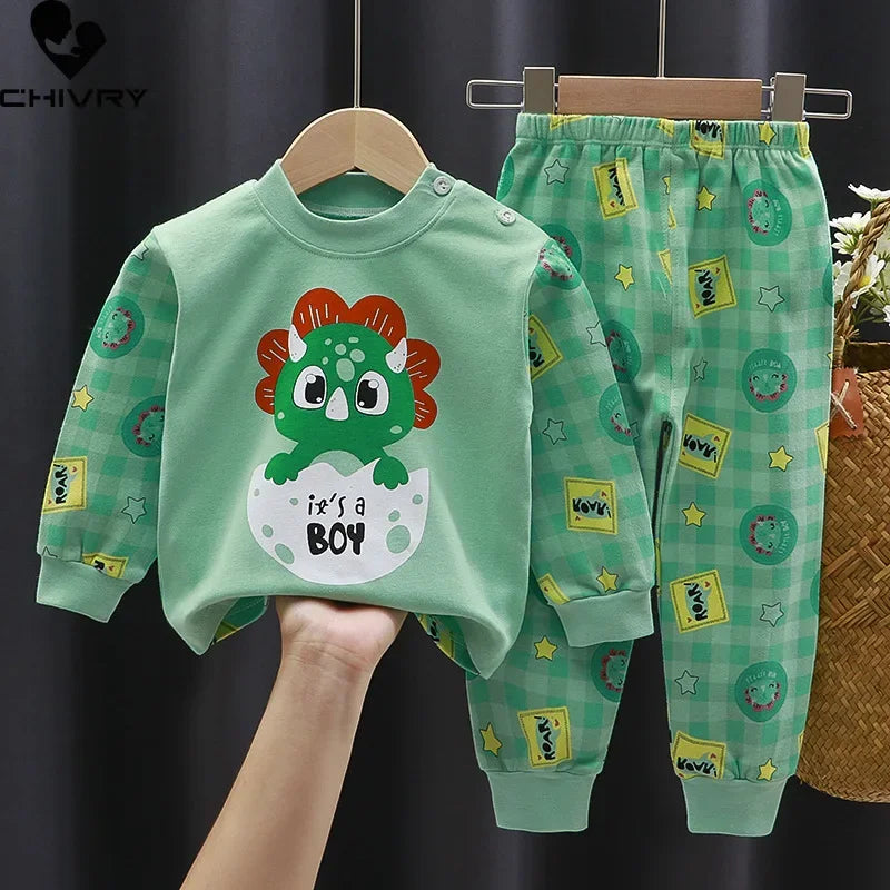 2023 New Kids Boys Girls Pajama Sets Cartoon Print Long Sleeve Cute T-Shirt Tops with Pants Toddler Baby Autumn Sleeping Clothes