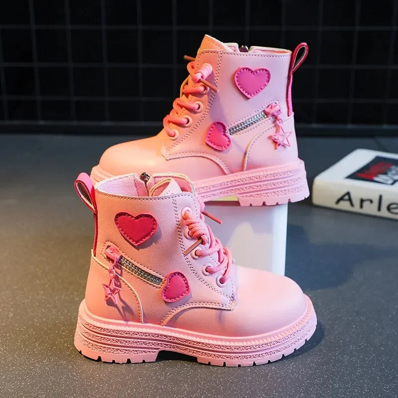 CH.KOUROSH Girls Ankle Boots Fashion Princess PU Leather Rubber Outsole Children's Short Boots Autumn Winter Zipper Pink with Love Heart