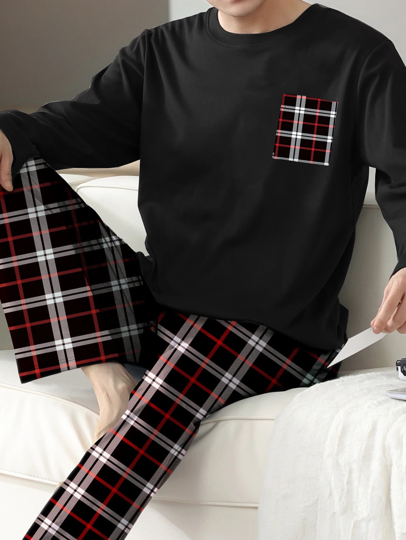 Two piece sets men's pajamas autumn and winter long sleeved pants checkered sleepwear set